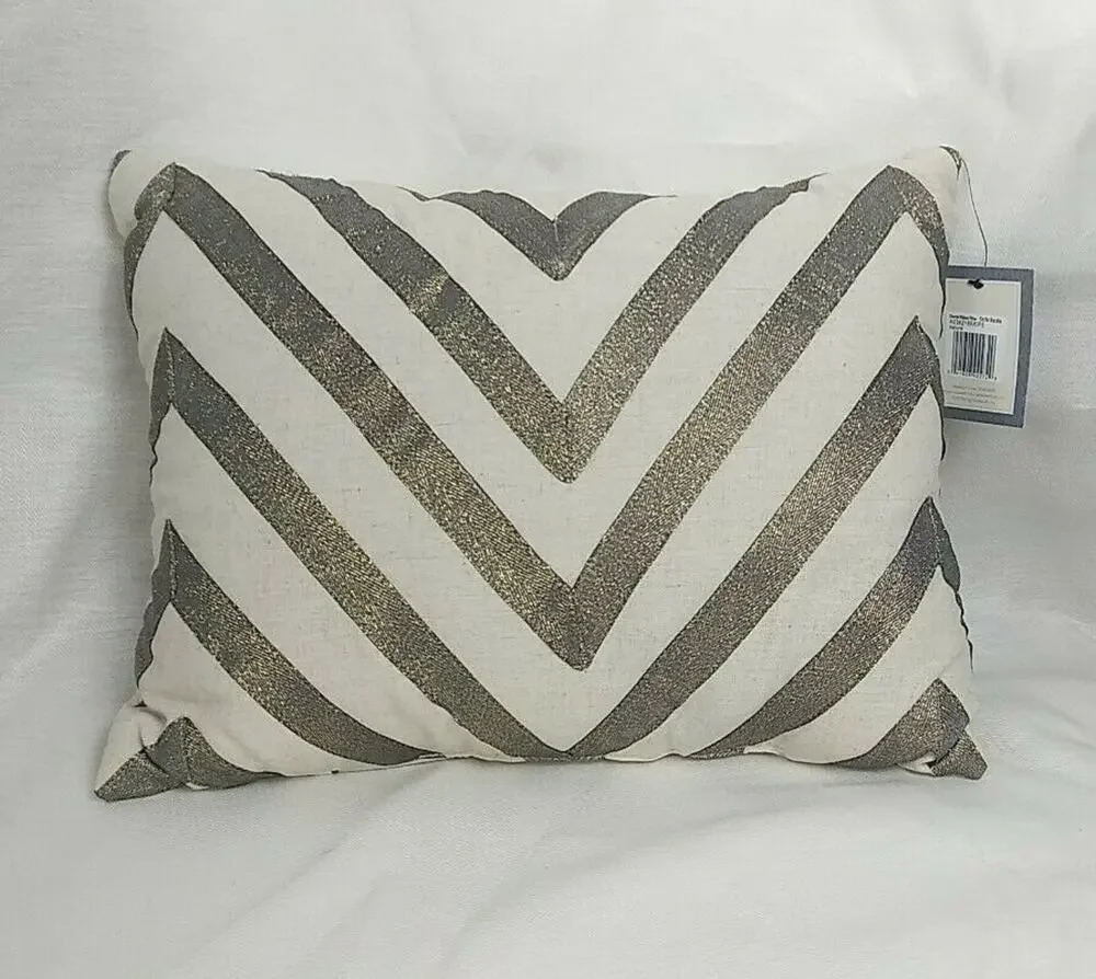Ayesha Chevron Ribbon Pillow - Natural With Dark Silver Ribbons